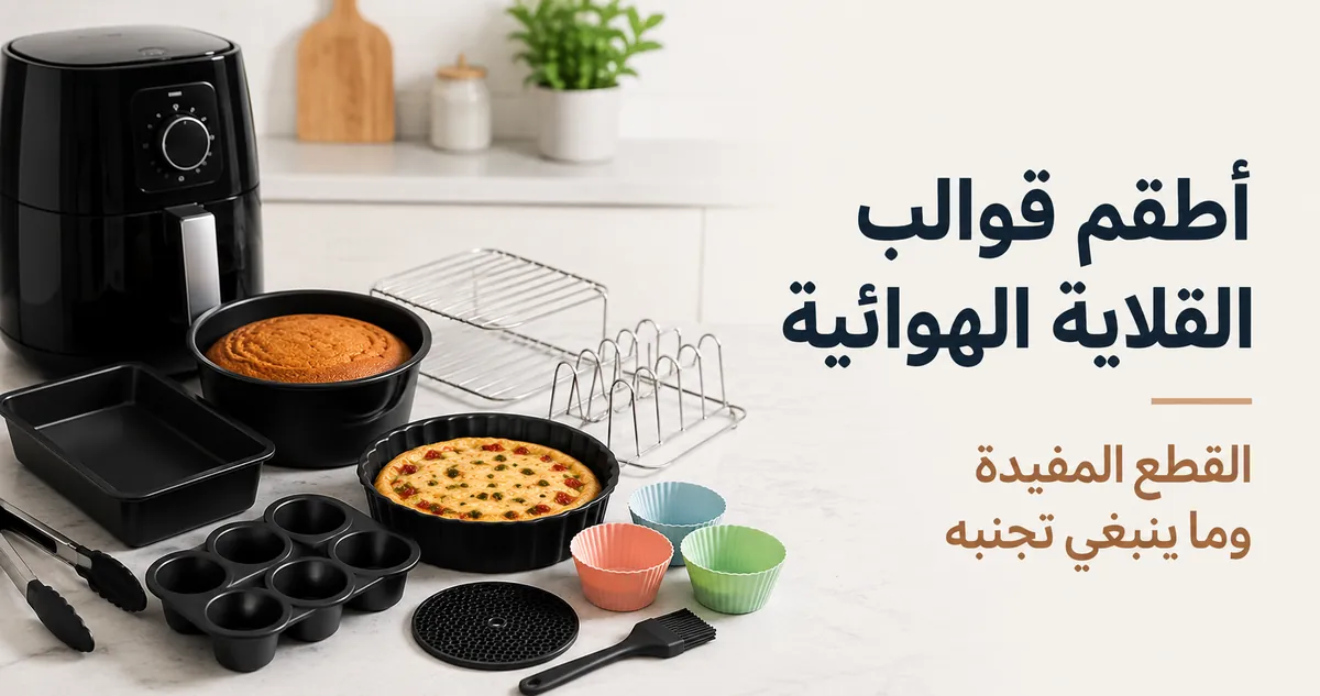 طقم قوالب للقلاية الهوائية يضم قوالب وأكوابًا ورفوفًا وملحقات خبز مفيدة.