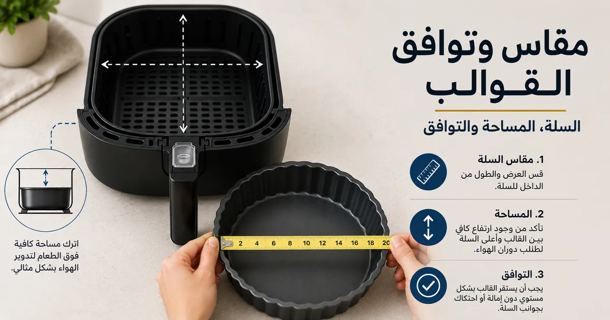 قياس قالب القلاية الهوائية للتحقق من حجم السلة والمساحة الفارغة والتوافق.
