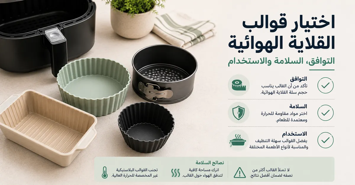 قائمة لاختيار قوالب القلاية الهوائية مع قوالب وصواني وإشارات للسلامة.