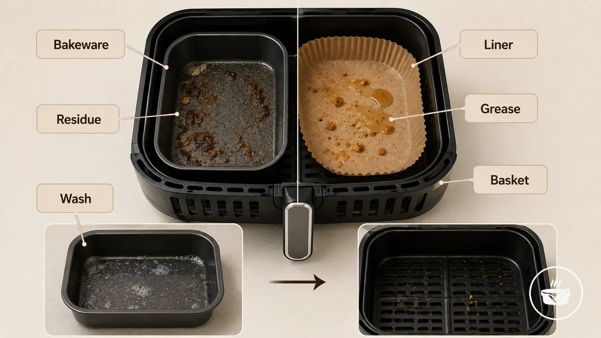 Vergleich der Reinigung von Backformen und Einlagen für die Heißluftfritteuse mit Darstellung von Rückständen und Tropfenkontrolle