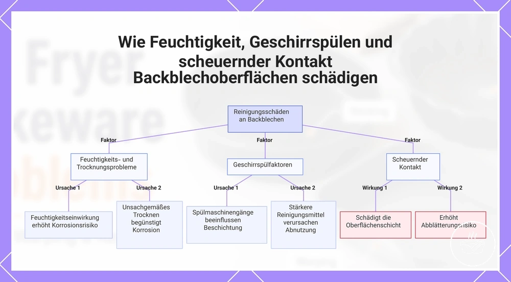 Wie Feuchtigkeit, Geschirrspülen und scheuernder Kontakt Backblechoberflächen schädigen