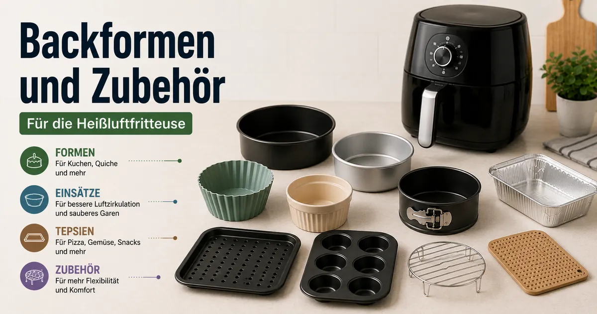 Häufige Backformen für die Heißluftfritteuse, darunter Formen, Einsätze, Bleche und Zubehör.
