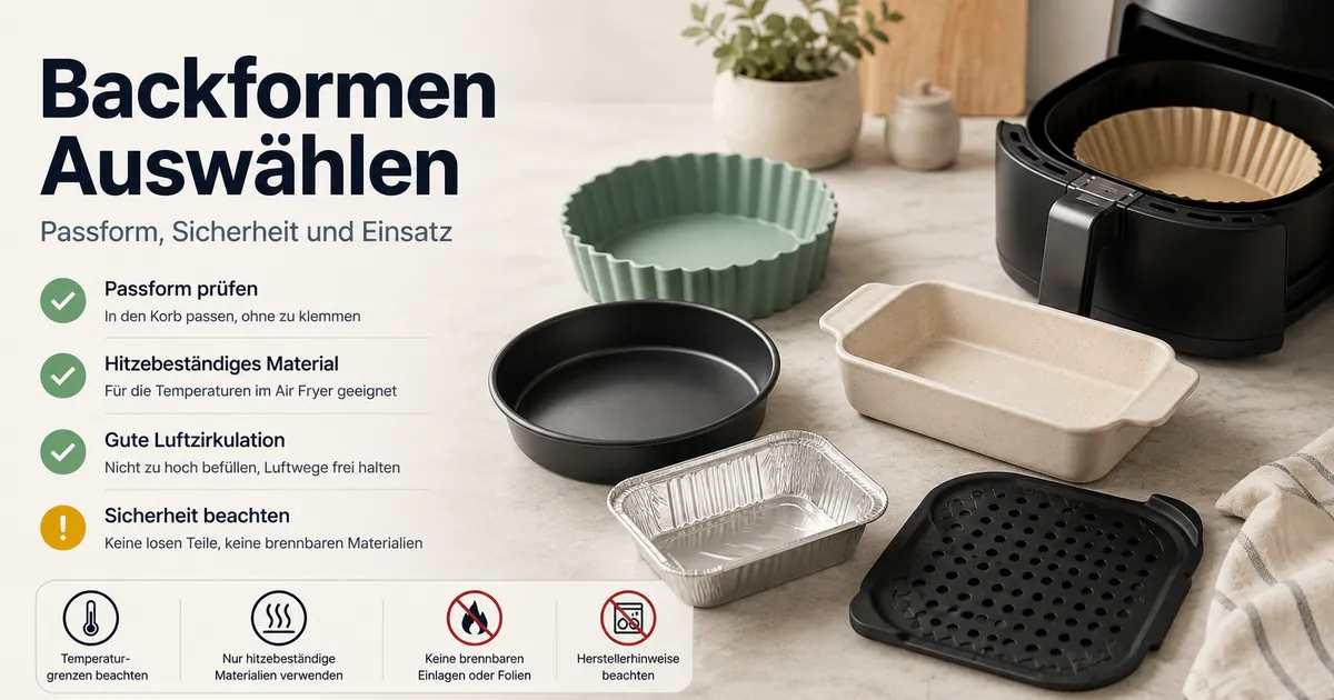 Checkliste zur Auswahl von Backformen für die Heißluftfritteuse mit Formen, Blechen und Sicherheitshinweisen.
