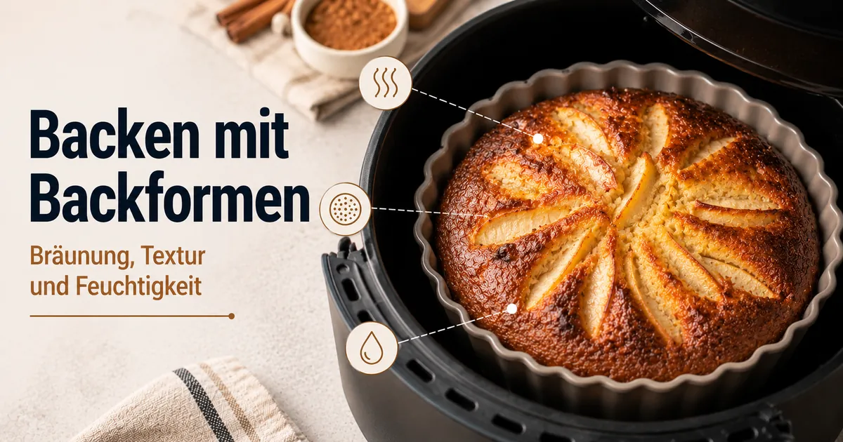 Gebäck in einer Backform für die Heißluftfritteuse mit sichtbarer Bräunung, Textur und Feuchtigkeit.