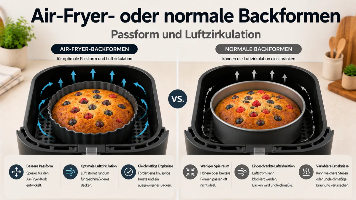 Backformen für die Heißluftfritteuse im Vergleich mit normalen Backformen nach Passform und Luftzirkulation.