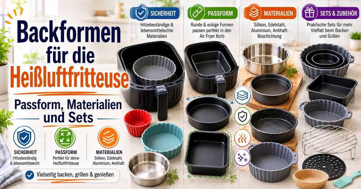Verschiedene Backformen für die Heißluftfritteuse mit Formen, Blechen und Backzubehör.