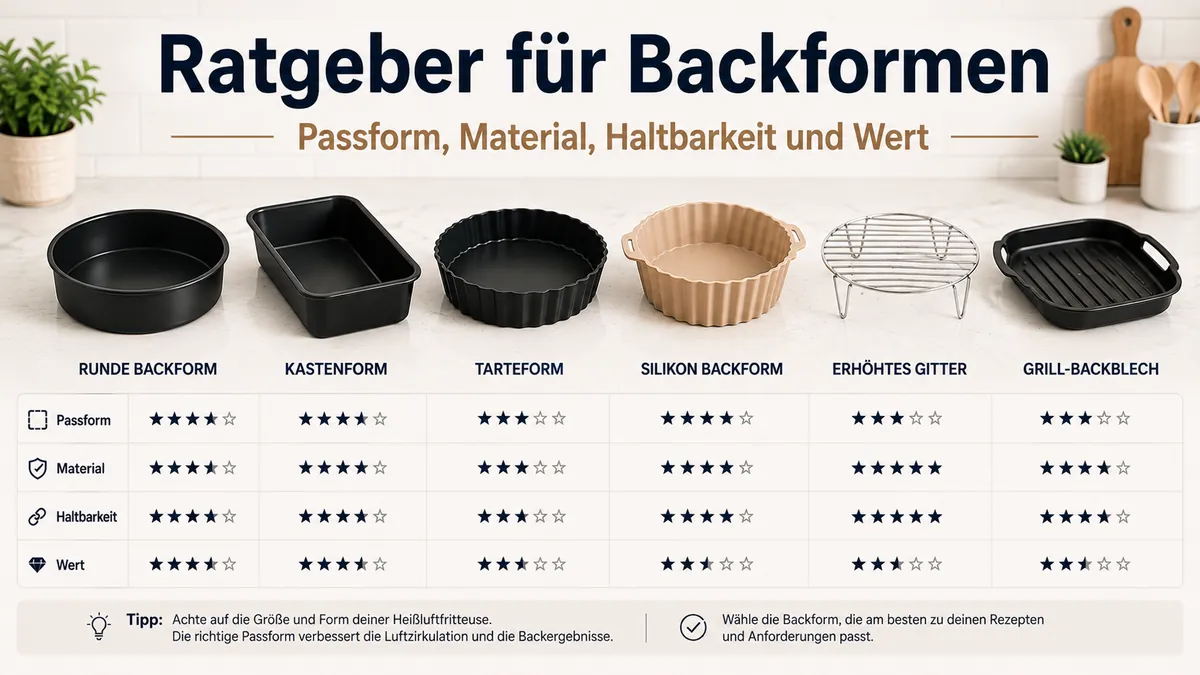 Backformen für die Heißluftfritteuse im Vergleich nach Passform, Material, Haltbarkeit und Preis-Leistung.