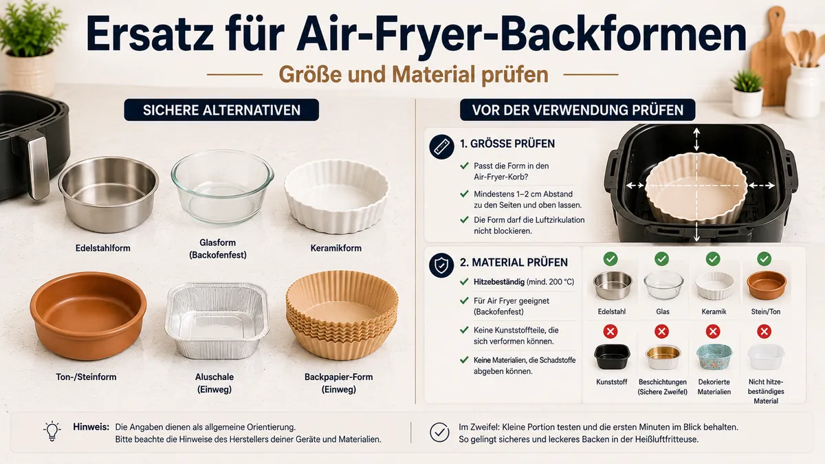 Sichere Ersatzmöglichkeiten für Backformen in der Heißluftfritteuse, geprüft nach Größe und Materialverträglichkeit.