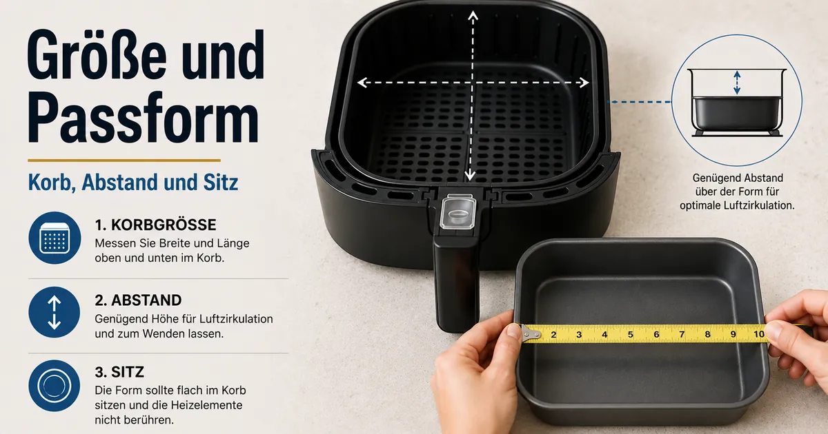 Eine Backform wird für Korbgröße, Abstand und Sitz in der Heißluftfritteuse ausgemessen.