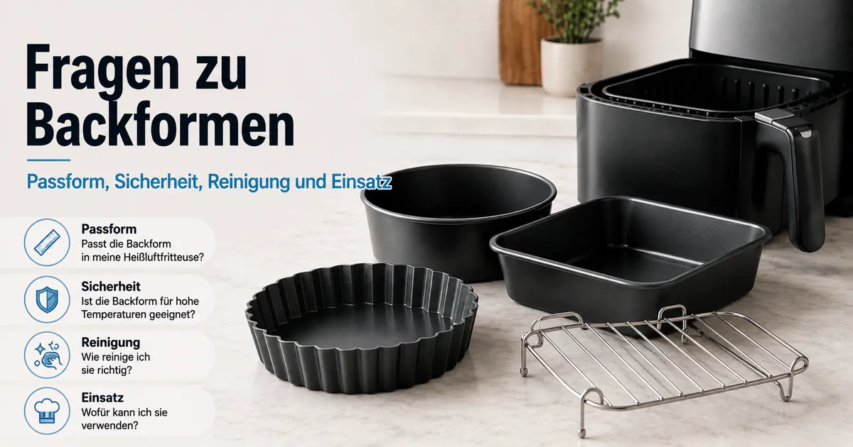 Fragen zu Backformen für die Heißluftfritteuse mit Hinweisen zu Passform, Sicherheit, Reinigung und Einsatz.