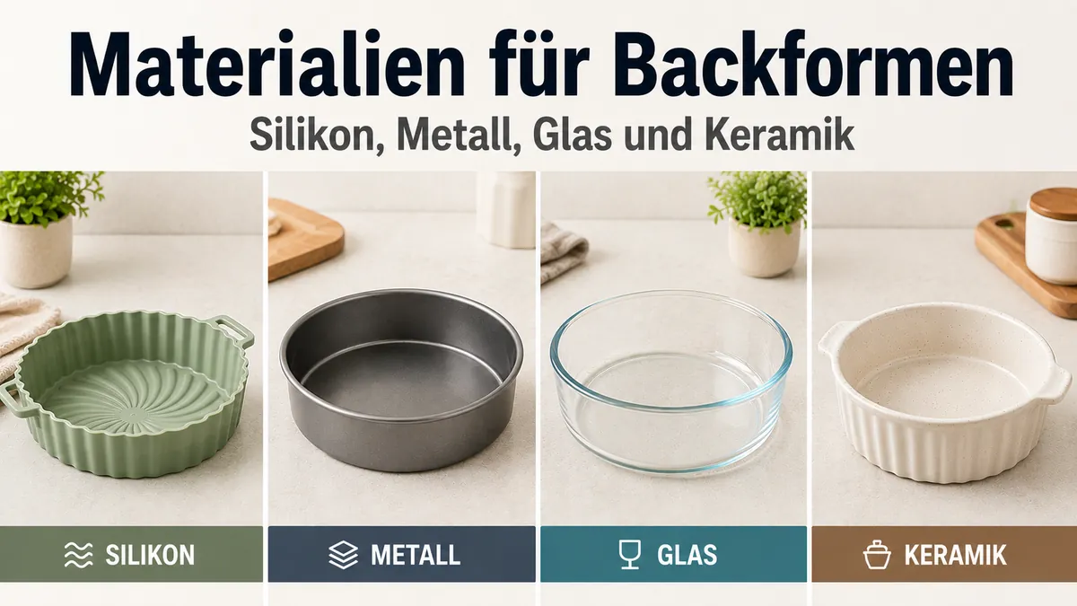 Backformen aus Silikon, Metall, Glas und Keramik für die Heißluftfritteuse nebeneinander.