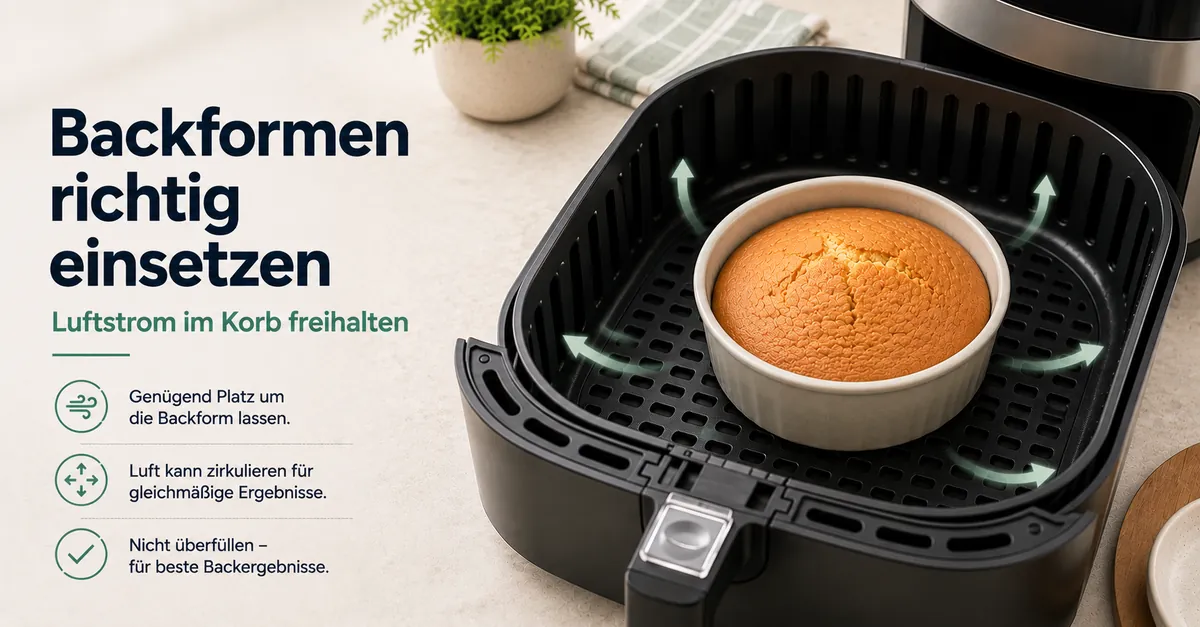 Backform in einer Heißluftfritteuse mit genug Platz für den Luftstrom im Korb.