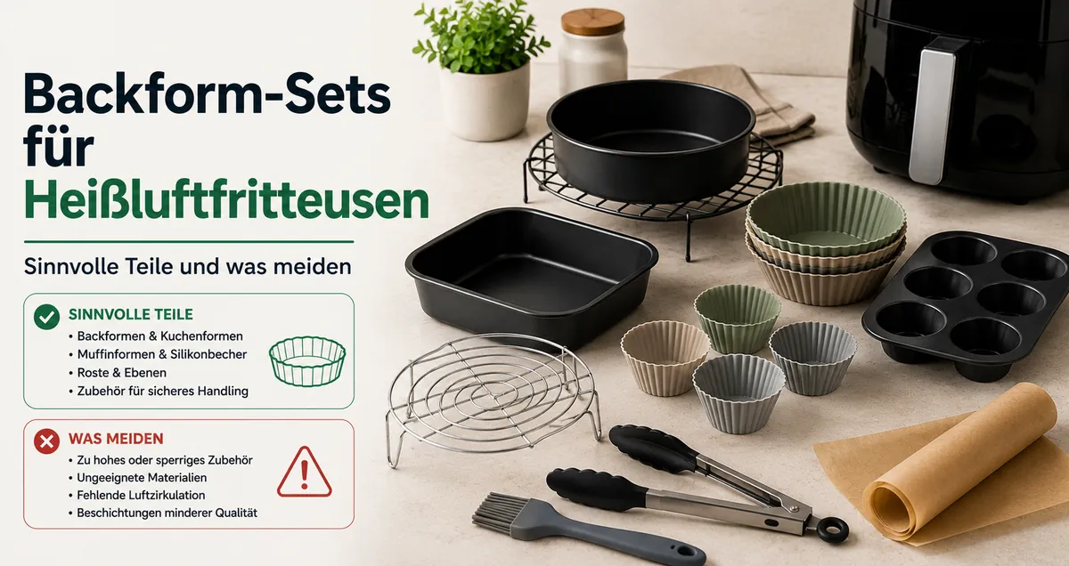 Backform-Set für die Heißluftfritteuse mit Formen, Förmchen, Rosten und passendem Zubehör.