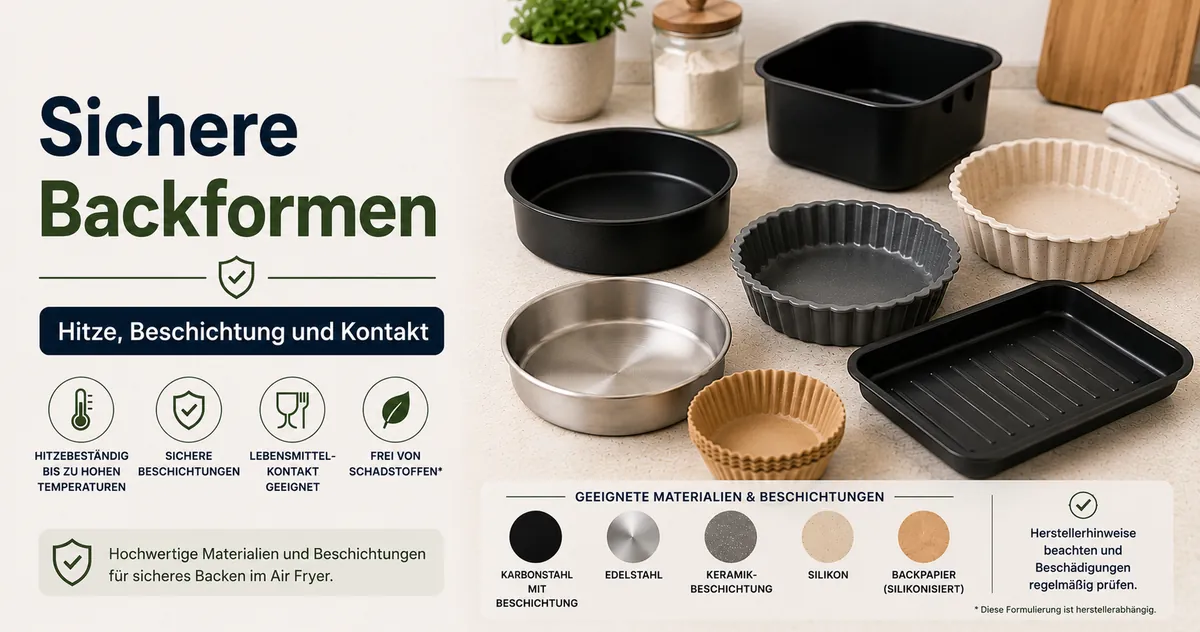 Hitzebeständige Materialien und beschichtete Backformen für die Heißluftfritteuse auf einer Küchenfläche.