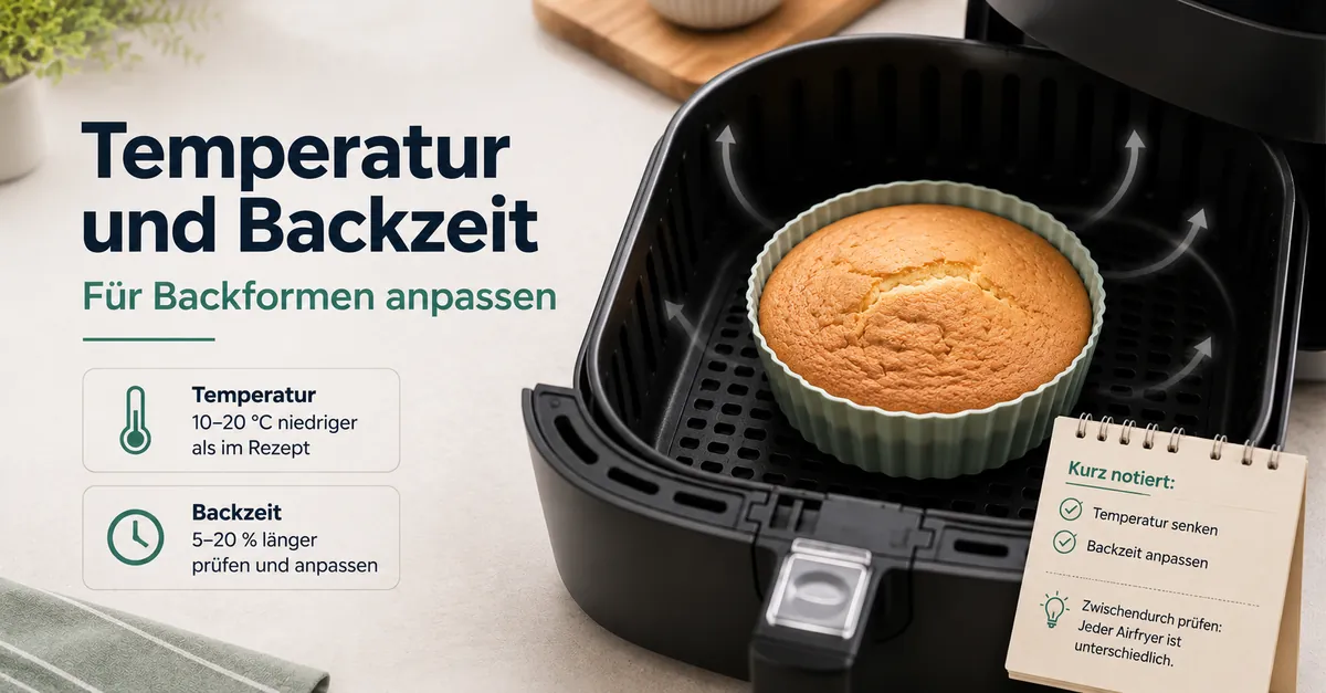 Backform für die Heißluftfritteuse mit Hinweisen zu Temperatur und Backzeit.
