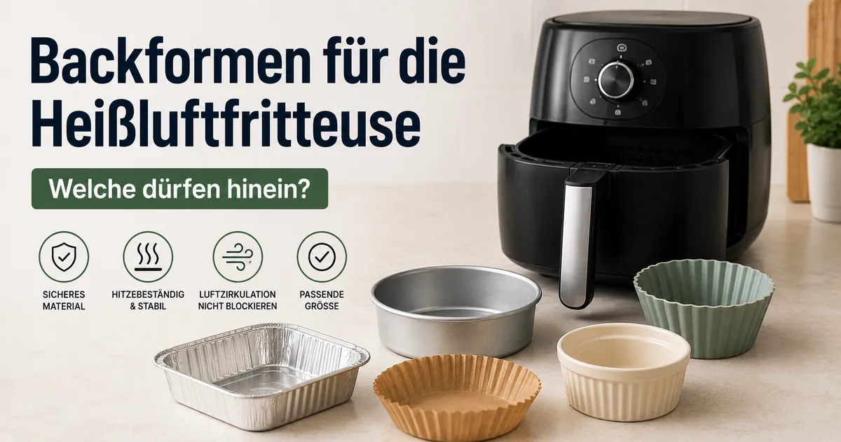 Heißluftfritteusen-geeignete Backformen neben einem Gerät mit Korb.