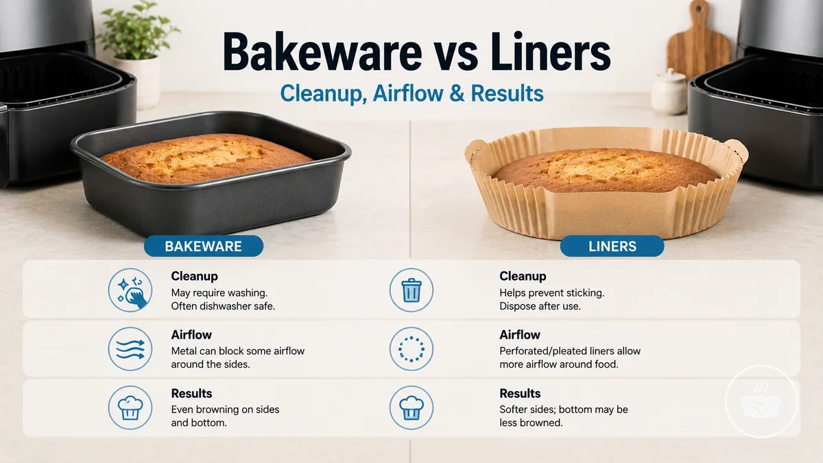 Air fryer bakeware and liners compared for cleanup, airflow, and baking results.