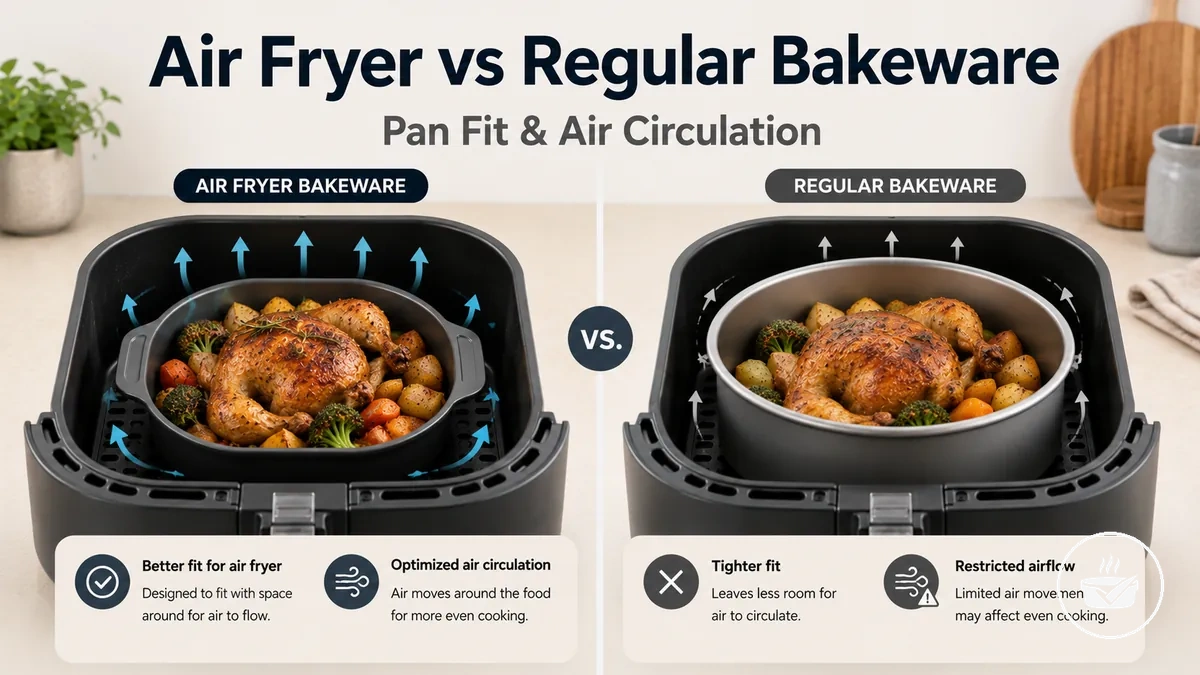 Air fryer bakeware compared with regular bakeware for pan fit and air circulation.