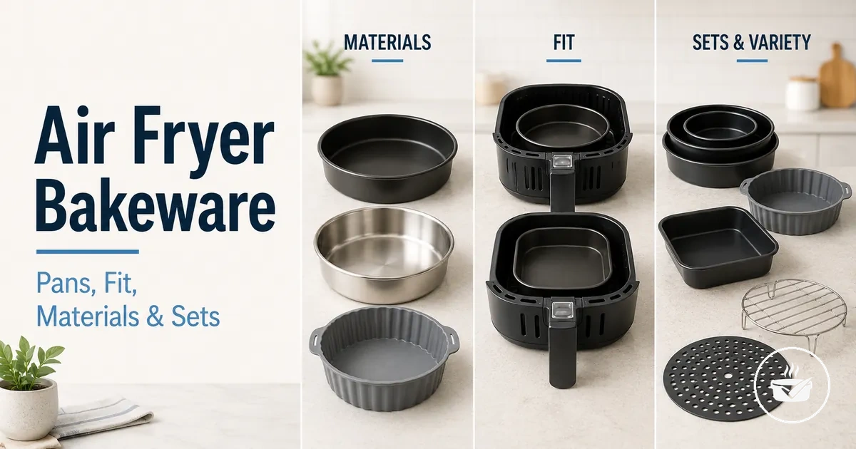 Assorted air fryer bakeware pieces showing pans, trays, and baking accessories.