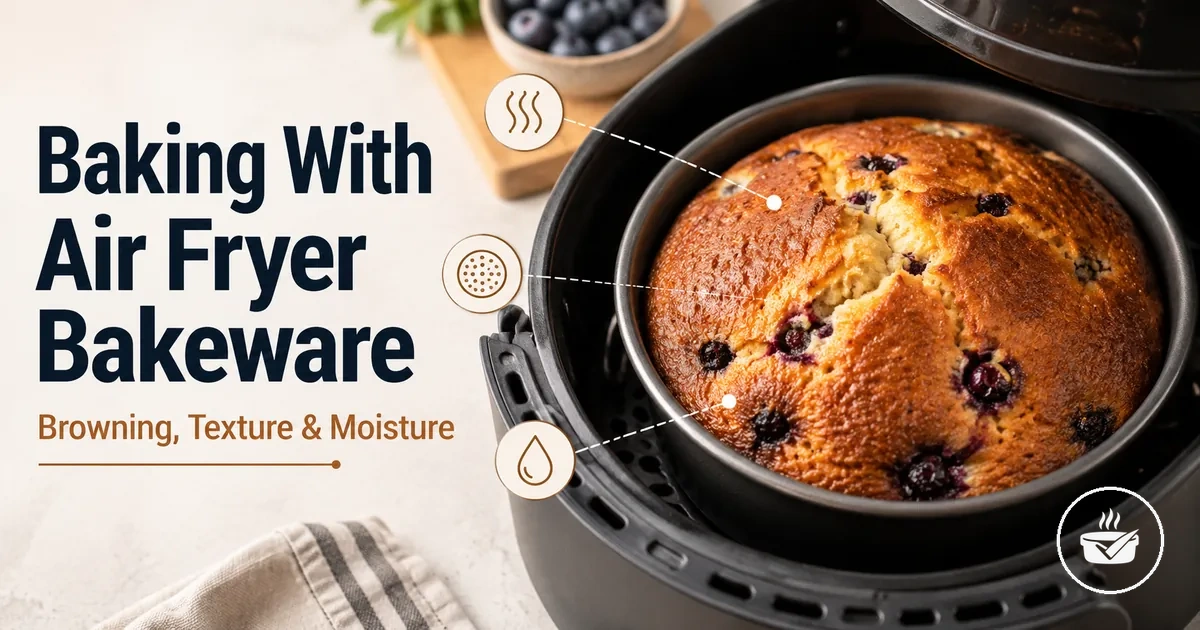 Baked food in air fryer bakeware showing browning, texture, and moisture results.