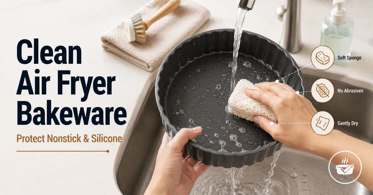 Air fryer bakeware being cleaned without damaging nonstick or silicone surfaces.
