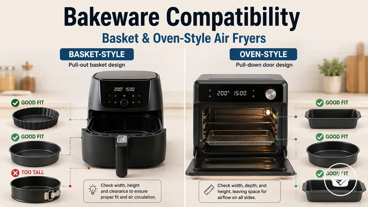 Bakeware fitting examples for basket-style and oven-style air fryers.