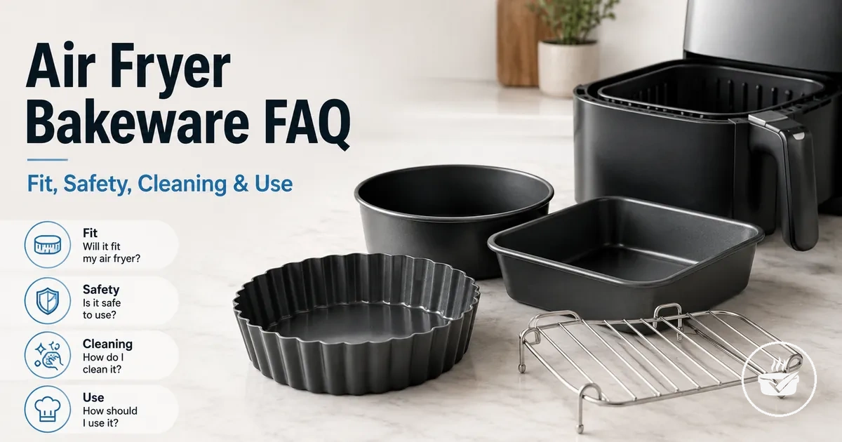 Air fryer bakeware questions illustrated with fit, safety, cleaning, and use cues.