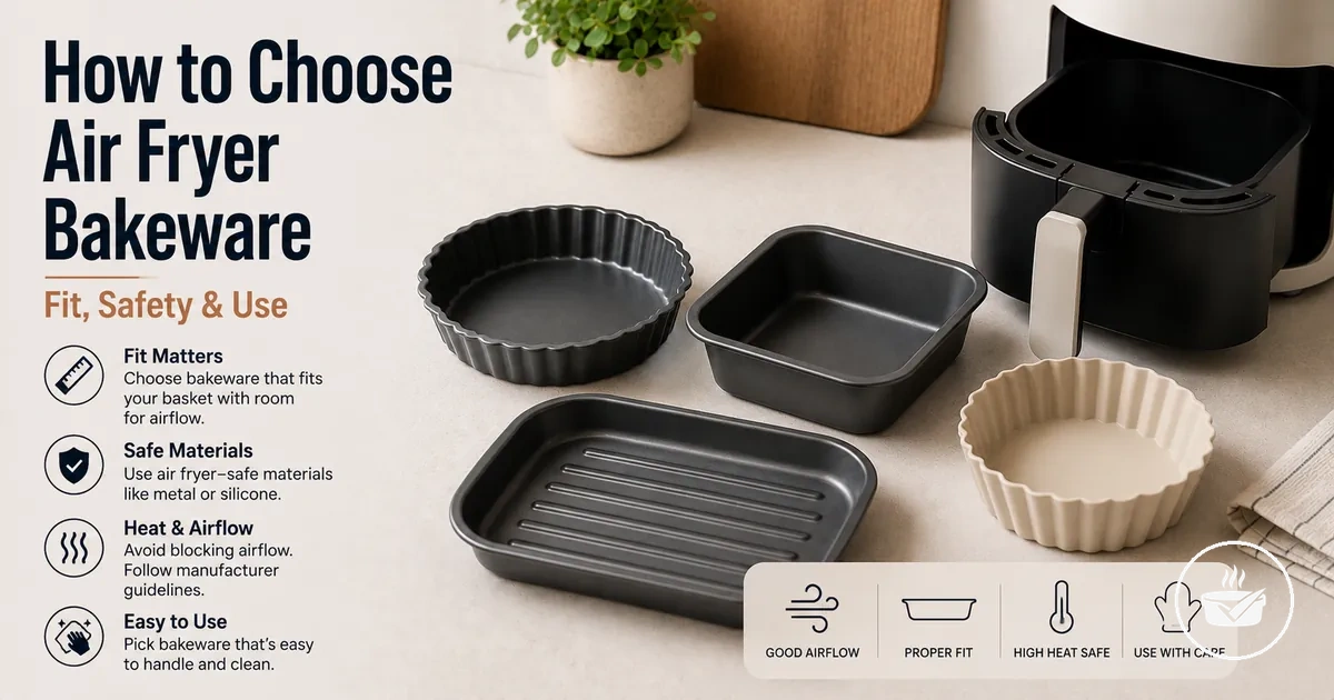 Air fryer bakeware selection checklist with pans, trays, and safety cues.