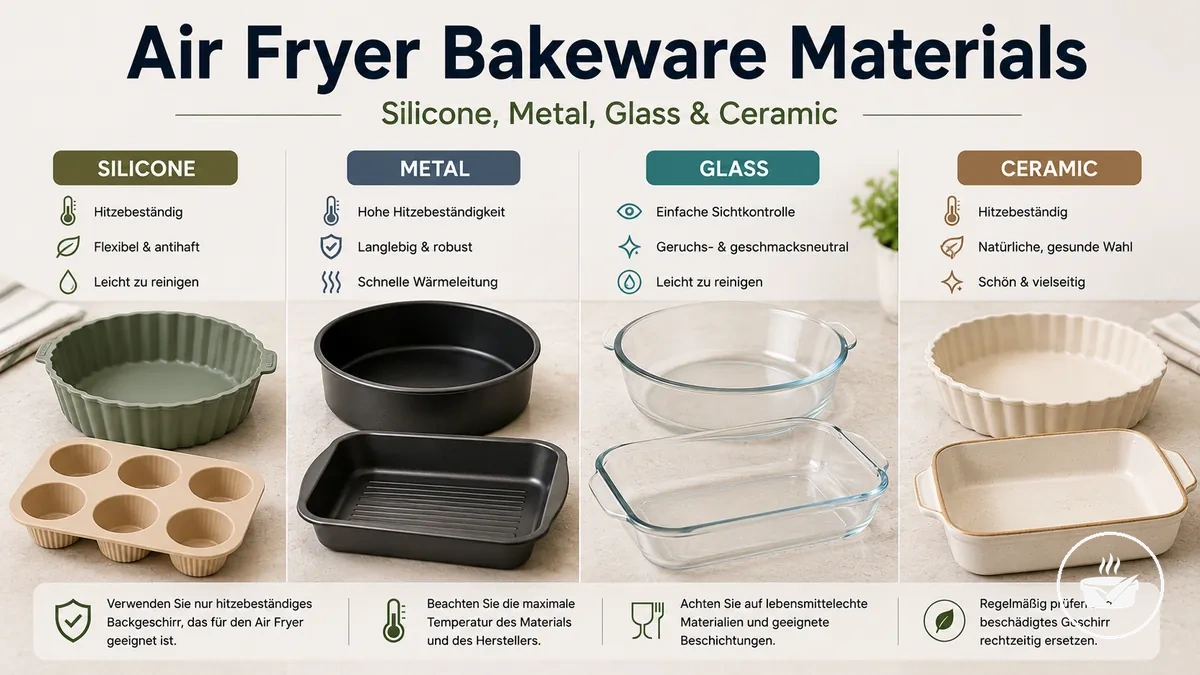 Silicone, metal, glass, and ceramic air fryer bakeware materials displayed together.