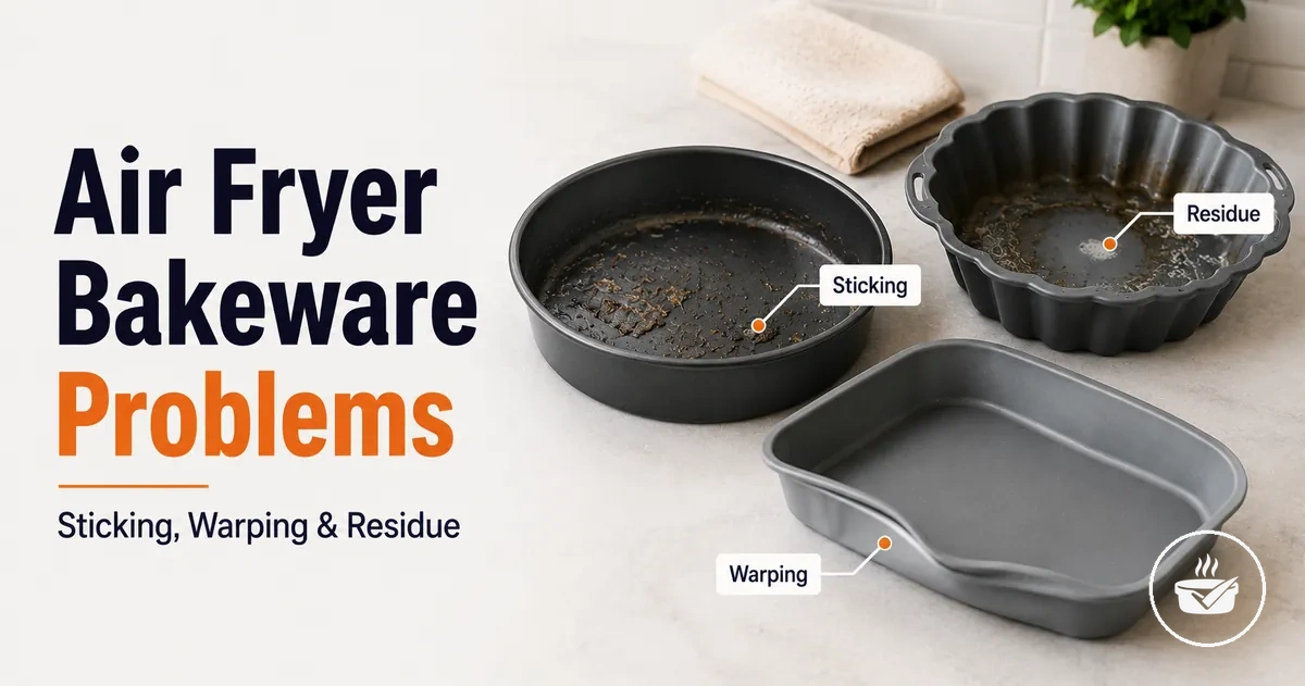 Air fryer bakeware showing common issues like sticking, warping, and residue.