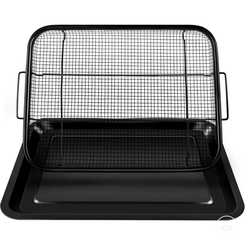 Two-in-one air fryer basket and tray set with mesh grill basket and baking dish.