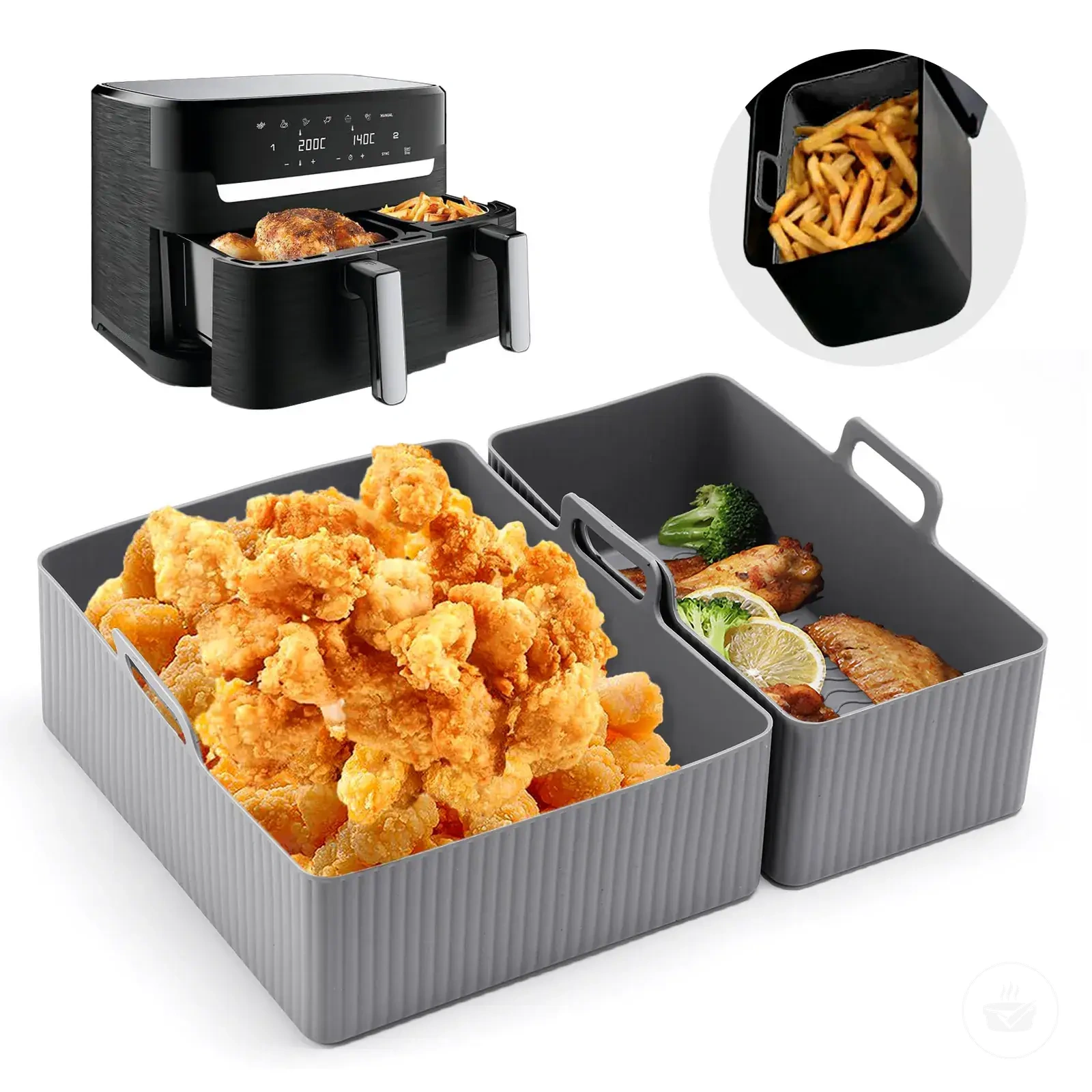 Two-piece silicone air fryer mat set for reusable non-stick basket lining.