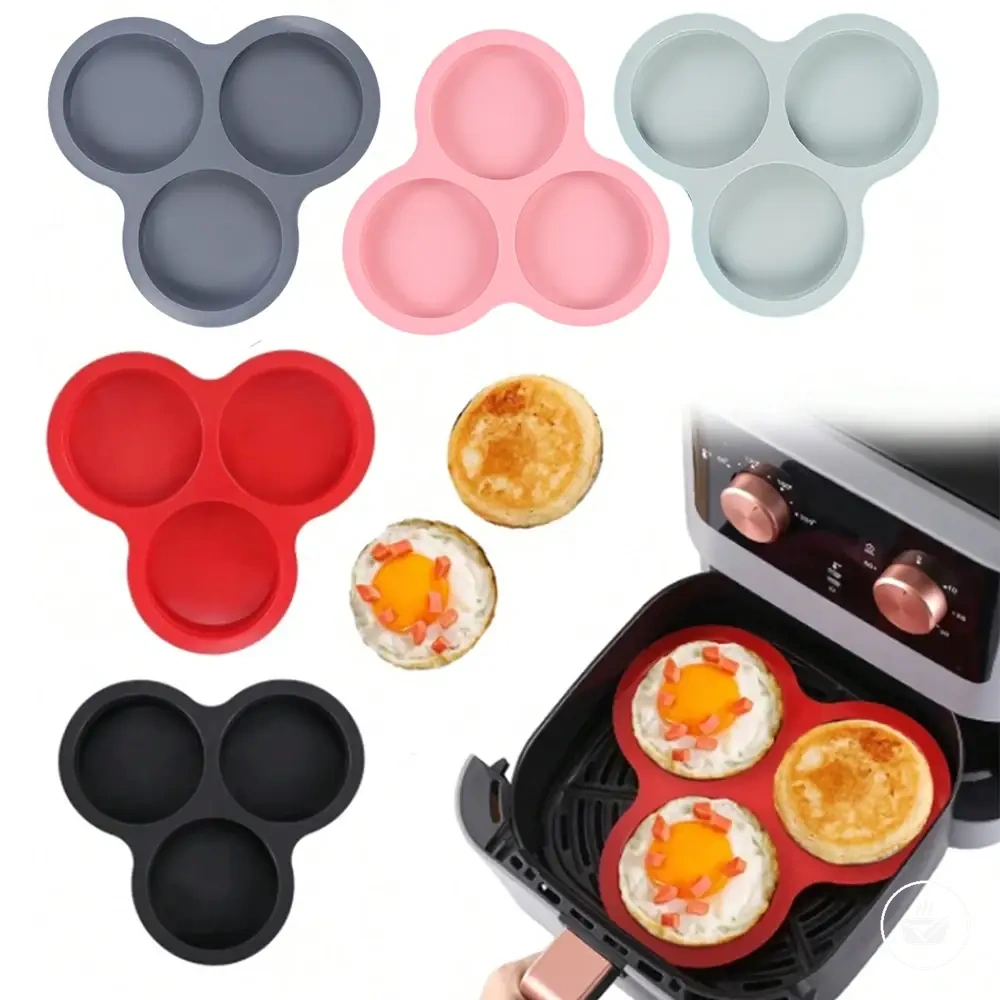 Three-cavity silicone egg mold for air fryer muffins, cakes, and eggs.