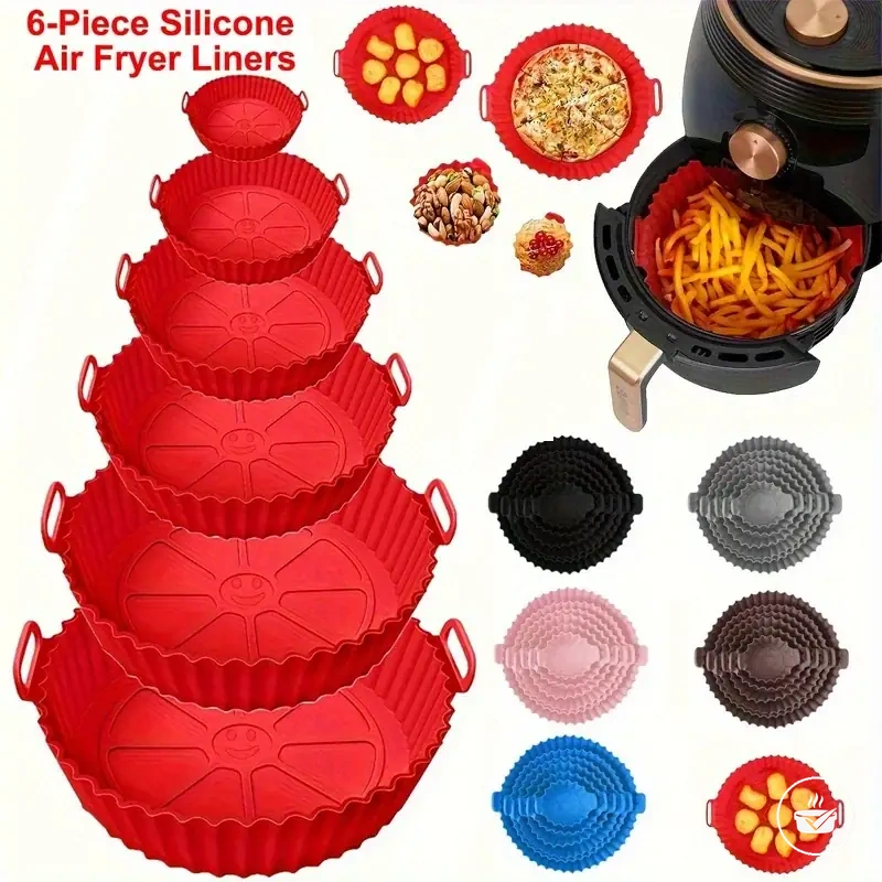 Six-piece silicone air fryer mat set with dual texture cooking surfaces.