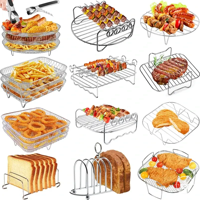 Metal air fryer baking rack in square, round, and rectangular forms.