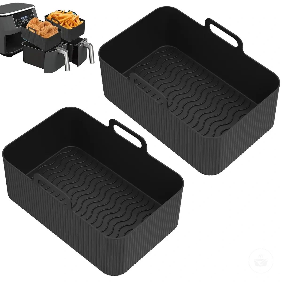 Two-piece rectangular silicone air fryer pot set for oven and microwave use.