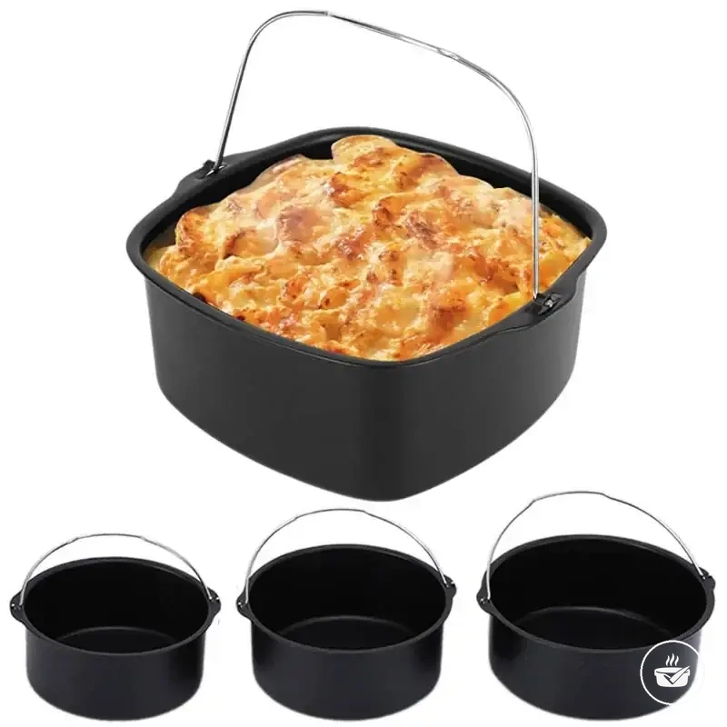 Round 6, 7, or 8 inch metal air fryer cake pan with handle.