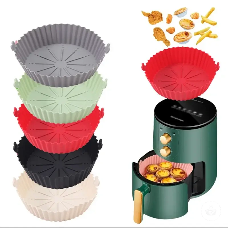 Reusable silicone air fryer baking tray for baskets, ovens, and microwave use.
