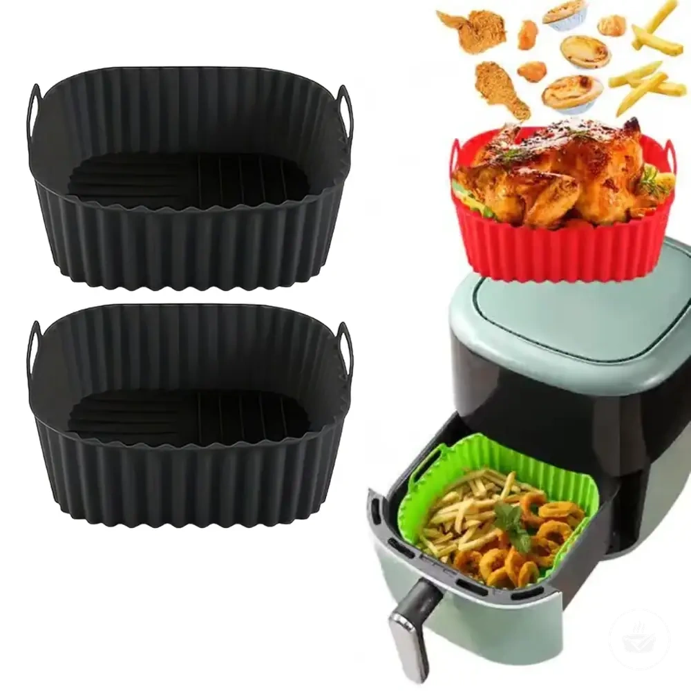 Reusable silicone air fryer liners with non-stick easy-clean surfaces.