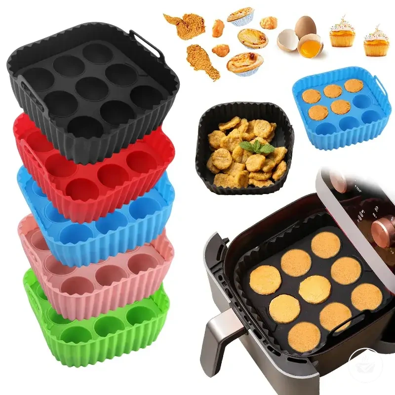 Two-piece silicone air fryer liner and muffin pan set with cupcake molds.