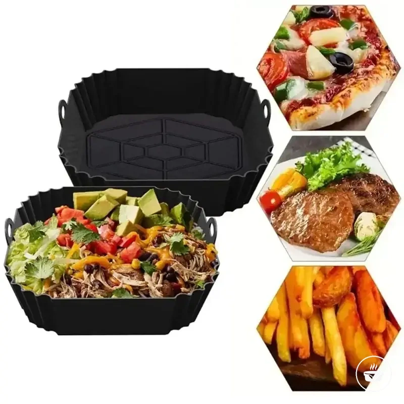 Square silicone air fryer pan with handle for reusable basket lining and baking.