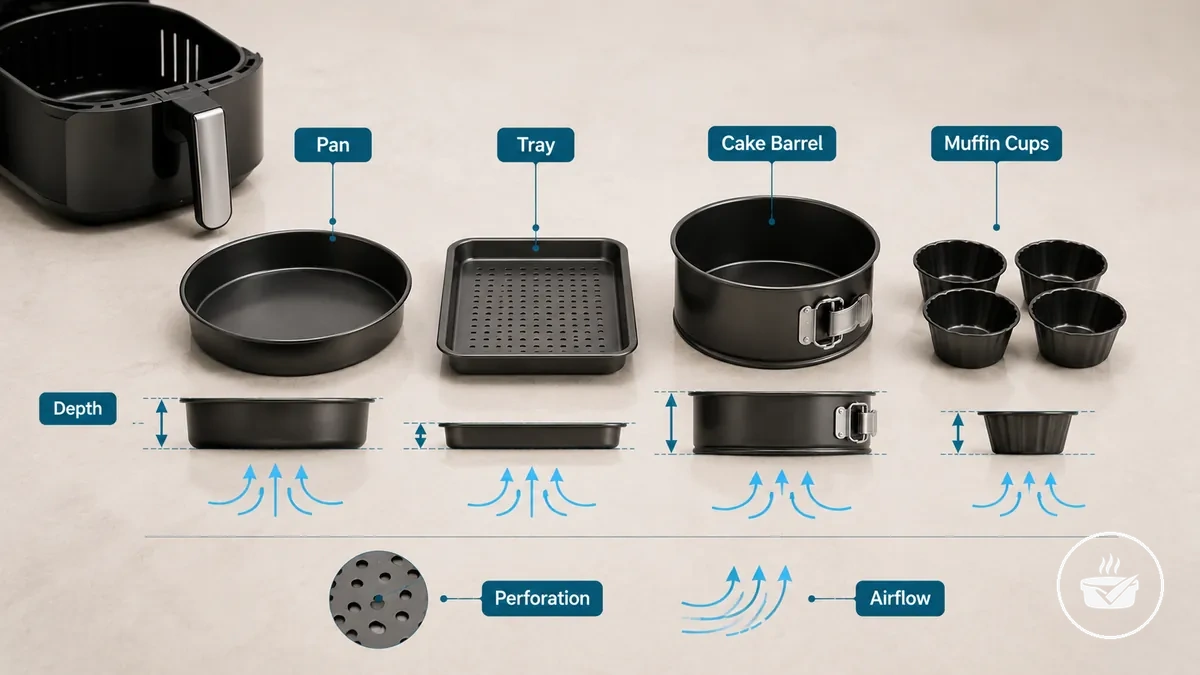 Comparison of pans, trays, cake barrels, and muffin cups for air fryer baking