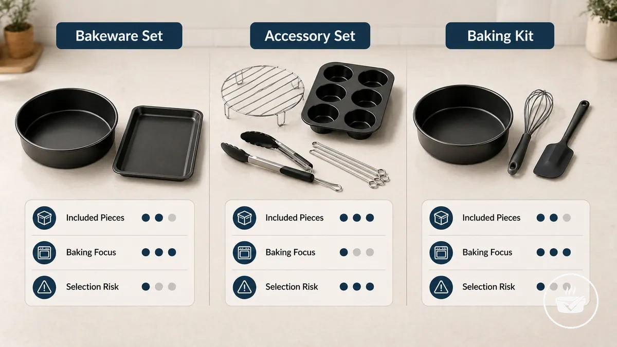 Comparison of bakeware set, accessory set, and baking kit pieces for an air fryer.
