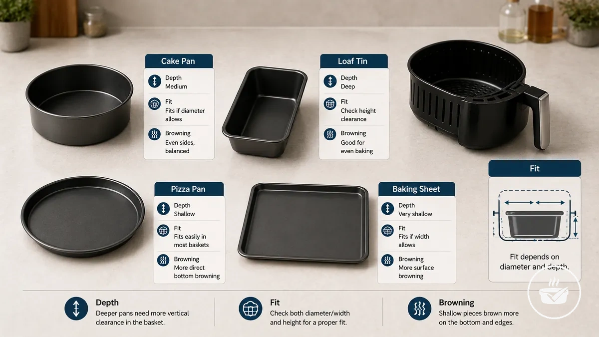 Air fryer cake pan, loaf tin, pizza pan, and baking sheet showing shape differences.
