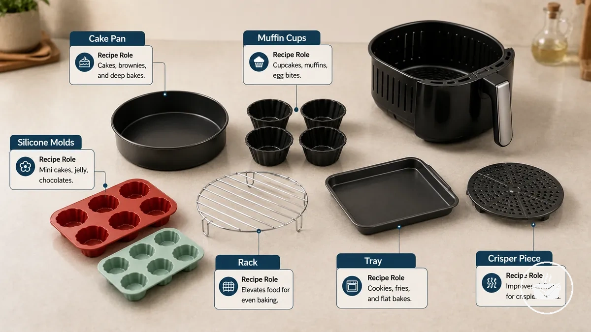 Useful air fryer bakeware set pieces labeled by baking role.