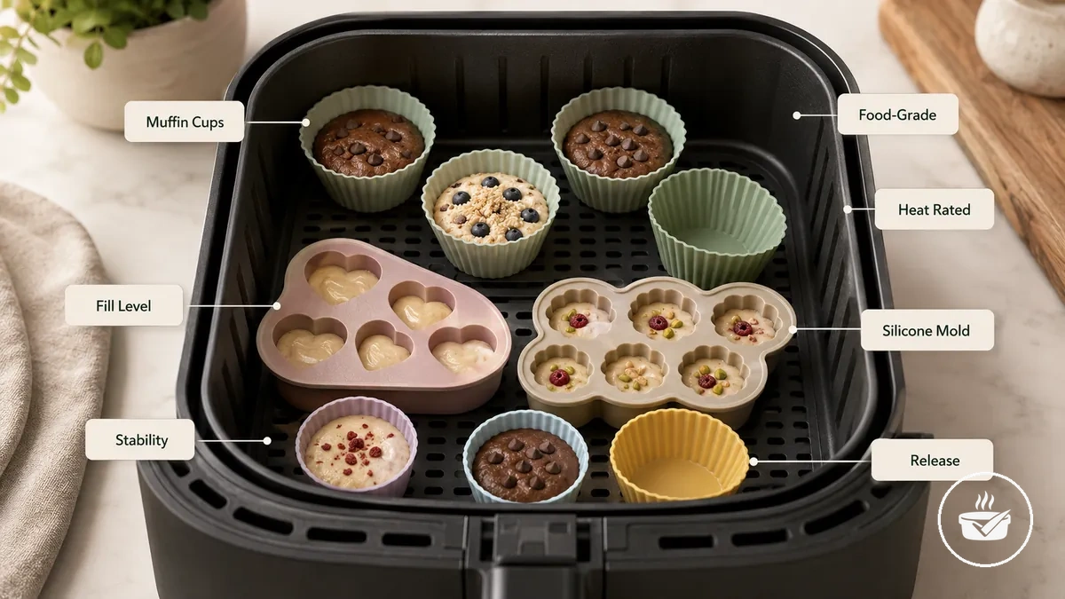 Silicone muffin cups and small-batch molds spaced inside an air fryer basket.