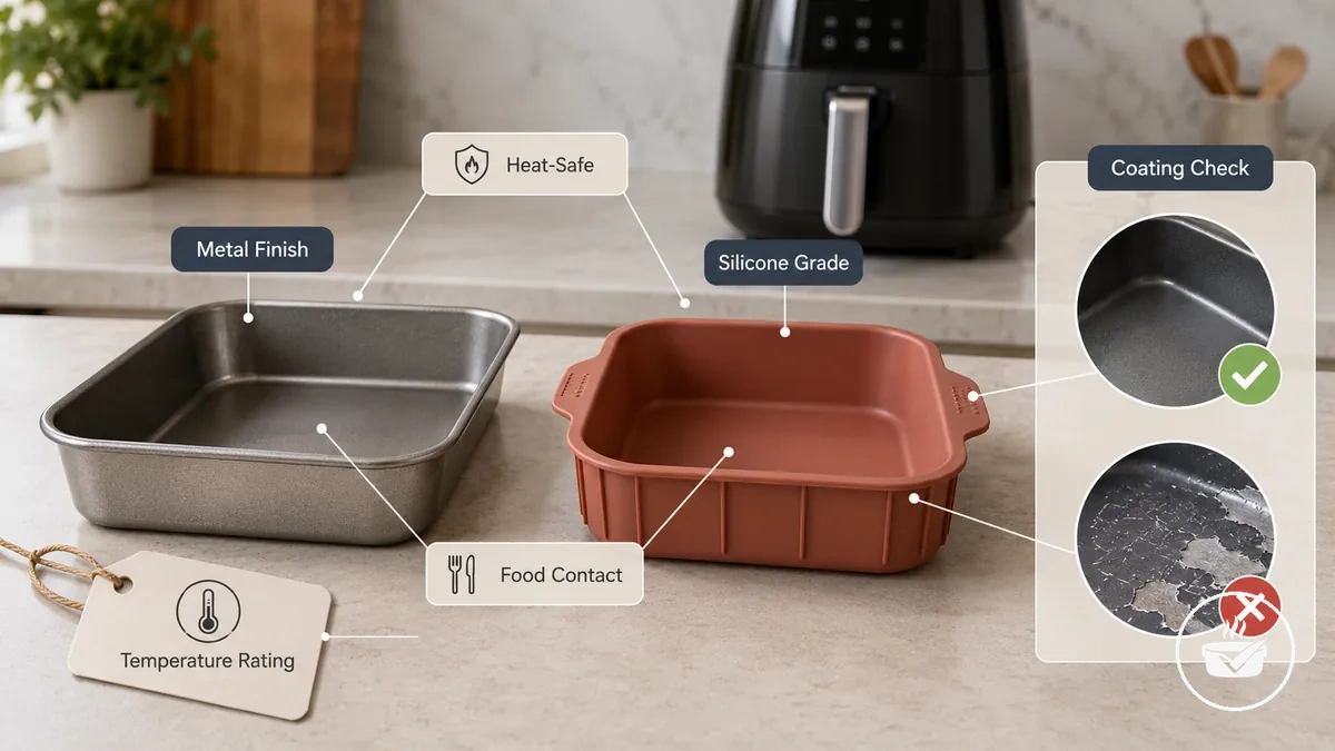 Air fryer bakeware material and surface cues checked for heat-safe food-contact use