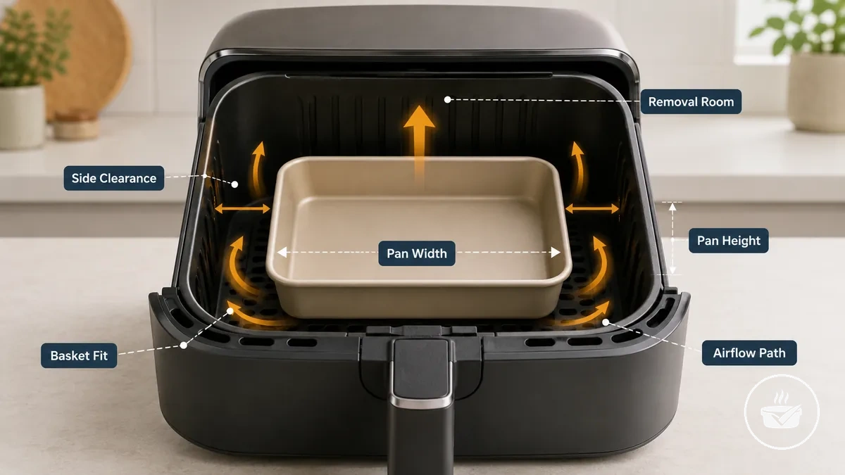 Air fryer bakeware shown inside a basket with clearance and airflow space labeled