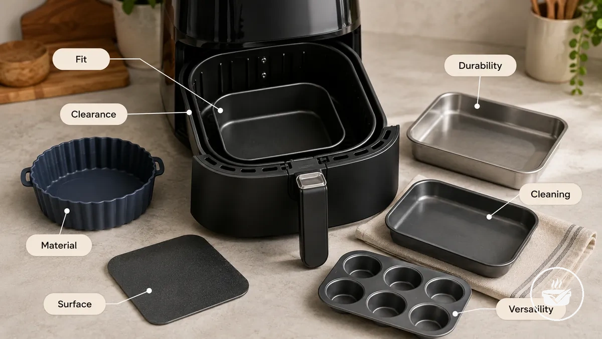 Air fryer bakeware criteria showing fit, material, coating, durability, and cleaning effort