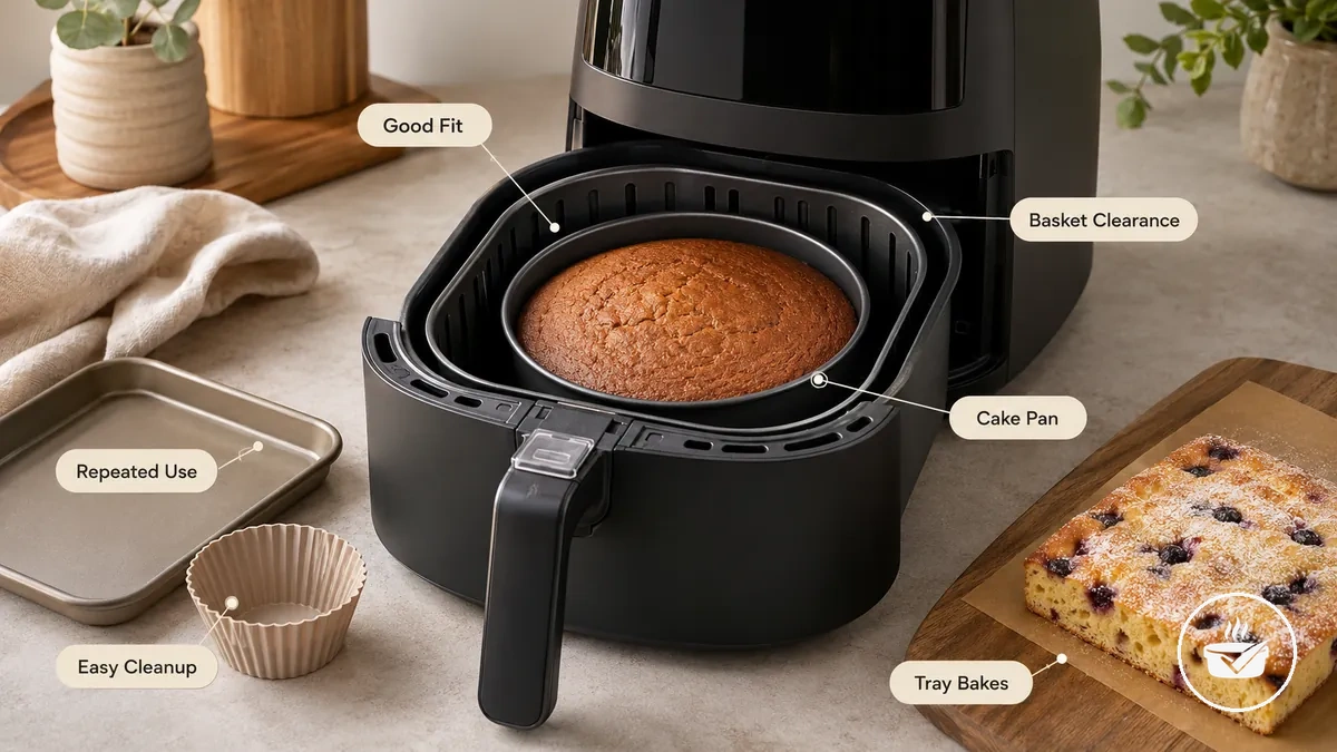 Compact air fryer bakeware fitting inside a basket for repeated small baking jobs